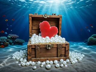 Treasure chest filled with pearls and a red heart underwater scene