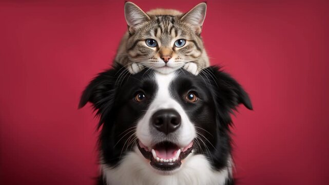 Tabby cat sitting on a border collie dog's head on studio red background. Funny pet friendship and companionship concept. Looping video for pet shop or veterinary clinic ad