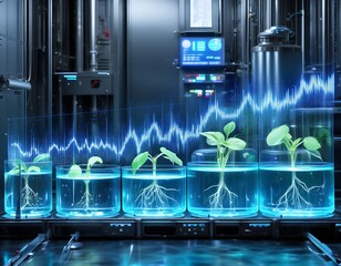 Young plants growing in controlled hydroponic laboratory environment