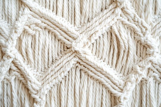 Cream colored macrame texture with diamond knot pattern close up white