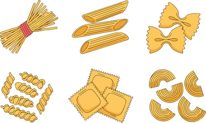 Italian Pasta Shapes Outline Icon Set  Spaghetti, Penne & Farfalle