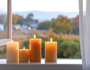A serene scene with candles on a windowsill overlooking a natural landscape