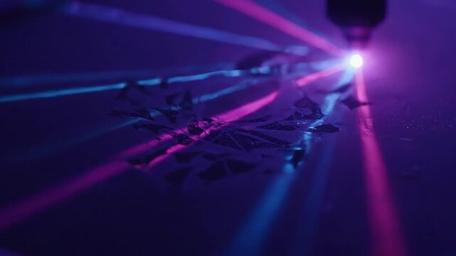 A Neon light shines, casting pink and blue rays on the dark, reflective surface.