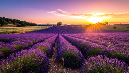 Fototapeta premium Lavender field stretching to the horizon at sunset, with sunbeams piercing through the clouds, showcasing rural beauty