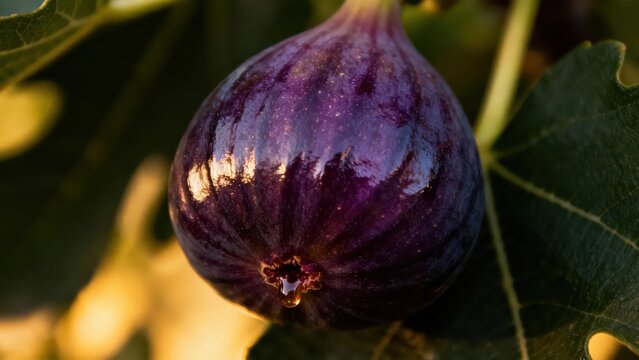 Ripe dark purple common fig fruit dripping a drop of sweet juice from its ostiole while hanging on a tree branch in warm sunlight.