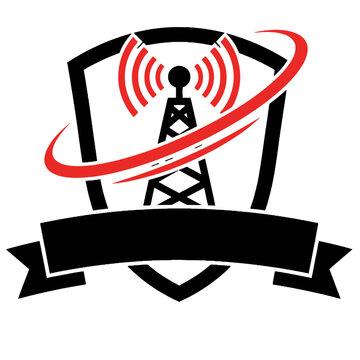Radio tower logo template with transmission waves and red orbit in a shield frame with blank ribbon for broadcasting telecommunications podcast and station branding