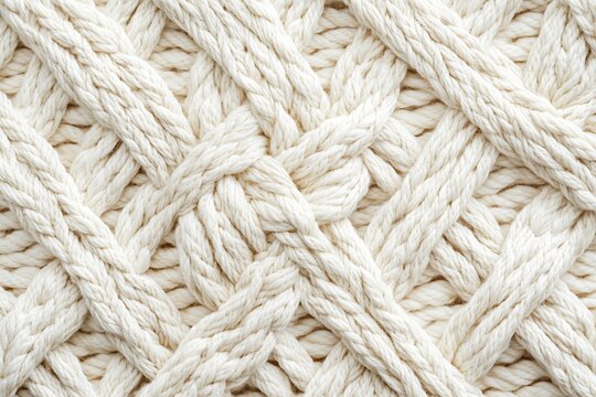 Cream colored macrame texture with intricate woven rope pattern close up white