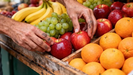 Farmer arranging wet red apples next to bright orange citrus fruits and bunches of green grapes in a rustic wooden display box.