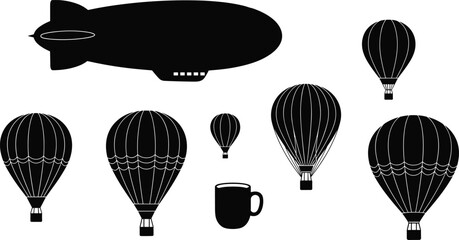 Collection of black silhouettes featuring hot air balloons, a large zeppelin blimp, and a coffee mug, vintage aviation travel vector design elements, © MdShahadot