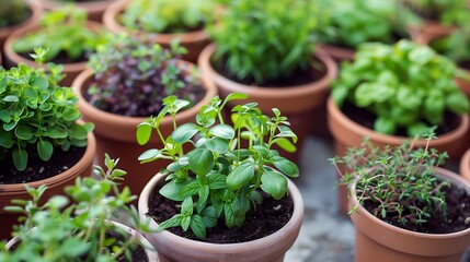 Many terracotta pots filled with various green culinary herbs arranged closely together for.