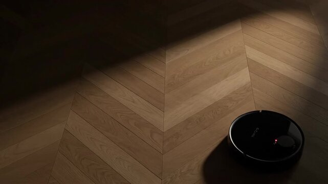 A robotic vacuum sits on a herringbone wood floor, part of a home setting.