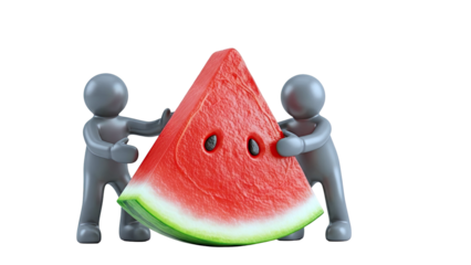Two figures holding a large slice of watermelon