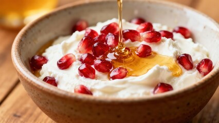 Golden honey drizzled onto creamy white yogurt garnished with bright red pomegranate arils in a rustic speckled ceramic bowl resting on a wooden surface.