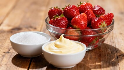 Ripe red strawberries piled in glass bowl beside small white ramekins containing granular sugar and smooth yellow custard sauce.