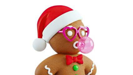 Gingerbread man with Santa hat and heart glasses blowing bubblegum