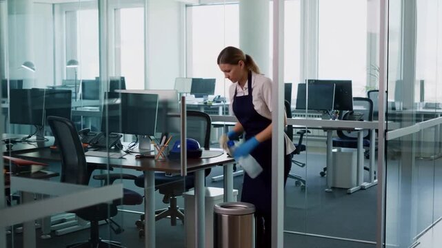 Dedicated Office Cleaning: A Professional Employee Maintaining a Tidy Workspace with Care and Attention in a Modern Office Environment