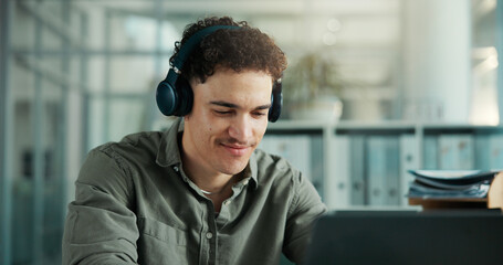 Headphones, computer and businessman in office with music for creative project with research....
