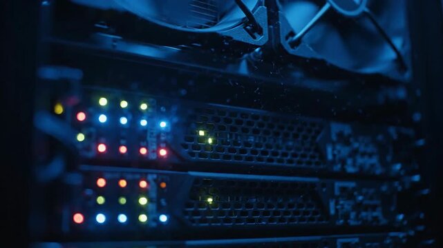 Server racks and computer systems are seen, all lit with many small indicator lights.
