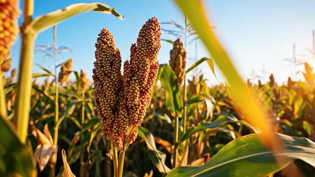 Close-up of ripe grain sorghum plants with dense seed heads in a sunny field under blue sky