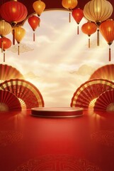 Chinese New Year Celebration Podium with Traditional Red and Gold Lanterns.