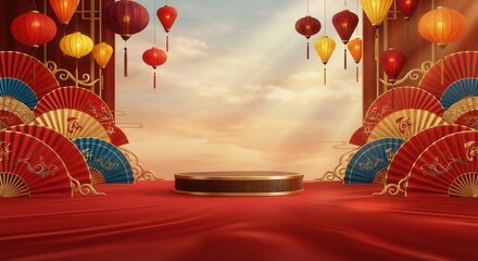 Chinese New Year Celebration with Traditional Lanterns and Decorative Fans.