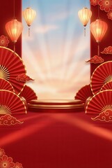 Chinese New Year festive background with lanterns, fans, and podium for product display.