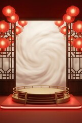 Chinese New Year Stage with Red Lanterns and Traditional Architecture Background.