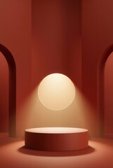 Minimalist 3D Product Display Podium with Spotlight and Arches in Warm Tones.