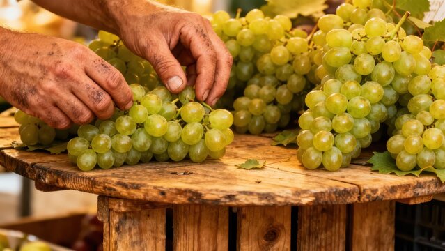 Harvester's hands examining freshly picked clusters of green table grapes resting on a rustic wooden plank surface outdoors.