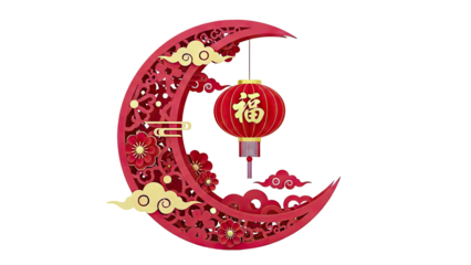 Chinese Lunar New Year Red Crescent Moon with Lantern and Clouds