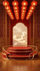 Traditional Chinese New Year celebration stage with red lanterns and auspicious clouds.
