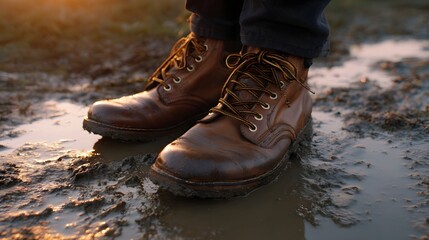 Close up of worn brown leather boots standing in mud and shallow water during golden hour