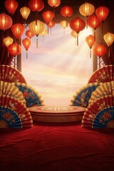 Traditional Chinese New Year celebration background with red lanterns and decorative fans.