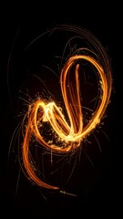 Light-painting spark trail glows orange against a dark background, forming abstract swirls and curves