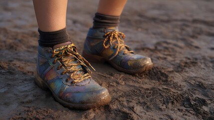 Close up of colorful mud splattered boots standing in wet earth during golden hour