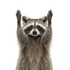 A curious raccoon stands on its hind legs with its paws raised, as if in surrender or asking for help against a clean white background.