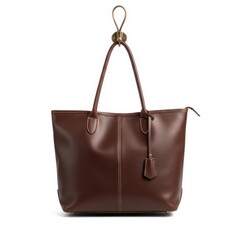 Rich Brown Textured Leather Tote Bag with Braided Handles and Gold Hardware Displayed Against a White Background
