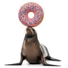 A seal balances a pink frosted donut with colorful sprinkles on its nose in a studio setting against a clean white background.