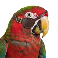 A colorful macaw parrot with red green and blue plumage wears a brown leather eye patch. Studio portrait on white background.