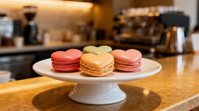 Display Of Vibrant Pastel Heart Macarons Emphasizing Romantic Sweetness And Artistry, Colorful Love Themed Treats Showcased Through Attractive Pastel Heart Macarons On Decorative Bakery Display.