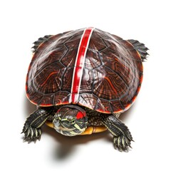 A detailed studio shot of a red eared slider turtle on a white background. The turtle features a distinct red stripe on its dark shell and red markings around its eyes.