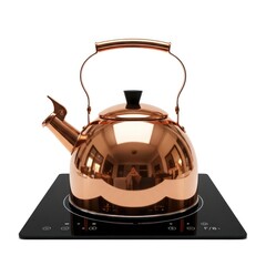 A gleaming copper kettle rests on a sleek black induction stove. The kettle's polished surface reflects a kitchen scene, set against a clean white background.