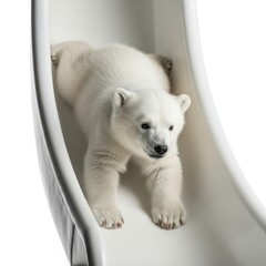 A young polar bear cub playfully slides down a white curved surface. The image is bright with a white background, highlighting the bear's fluffy white fur and curious expression.