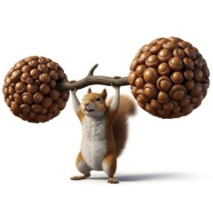 A cute rodent is lifting a heavy barbell made of acorns. The image has a white background and studio lighting.