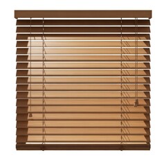 Close-up of warm brown wooden Venetian blinds with adjustable horizontal slats and draw cords. Offers privacy and light control for interior spaces.
