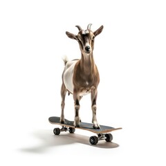 A brown and white goat stands confidently on a skateboard. Isolated on a white background, the image features a soft shadow, highlighting the animal's playful and energetic nature.