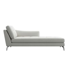 A sleek white leather chaise lounge with a tufted seat and chrome legs, isolated on a white background. Perfect for modern living spaces.