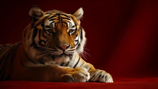Majestic tiger portrait against red backdrop illustrating wildlife
