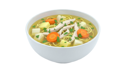 Chicken Noodle Soup with Carrots and Potatoes in a White Bowl