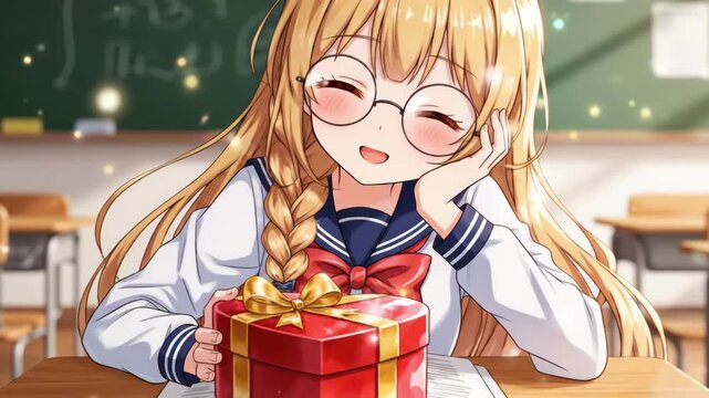 Blonde Asian Schoolgirl At Desk Holding Red Gift Box With Glasses And Braid, Chalkboard Classroom Background, Soft Sunlight, Nervous Smile, Sailor Uniform, Sparkling Hearts, Cozy Kawaii Anime Mood.